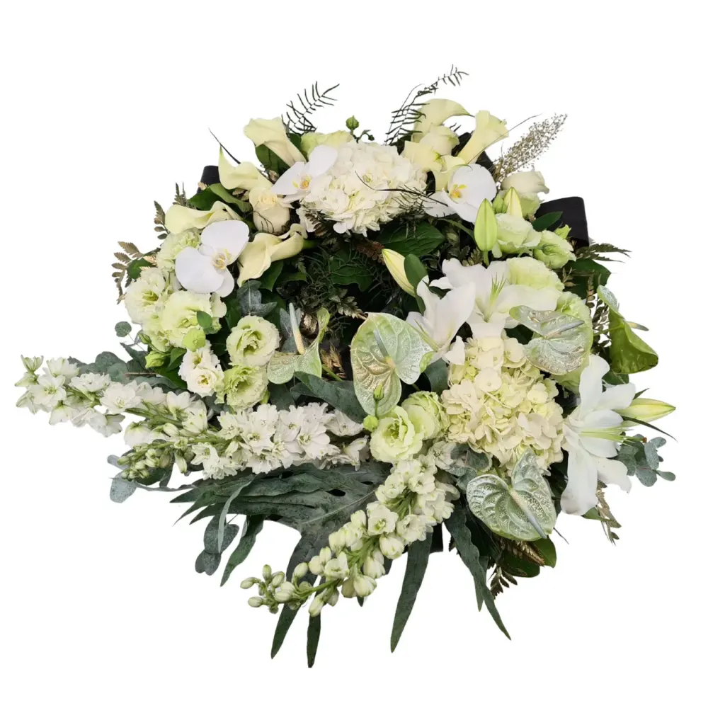 coroana cu hortensii orhidee si anthurium alb 661e2